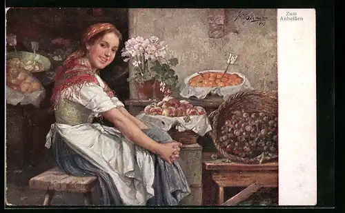 Künstler-AK Brüder Kohn (B.K.W.I) Nr. 145-2: Lächelndes Mädchen mit Obstkörben