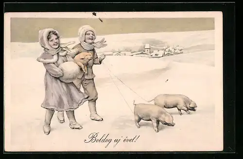Künstler-AK Brüder Kohn (B.K.W.I) Nr. 2669-5: Kinder mit Schweinen im Schnee