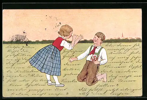 Künstler-AK Brüder Kohn (B.K.W.I) Nr. 763-5: Mädchen macht einem Jungen eine lange Nase
