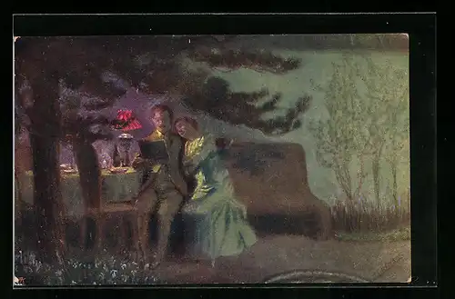 Künstler-AK Brüder Kohn (B.K.W.I) Nr. 1859: Liebespaar an einem Tisch im Wald
