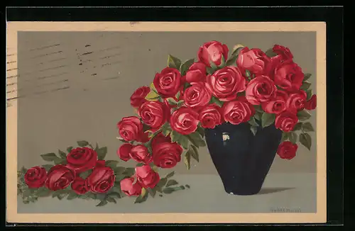 Künstler-AK Meissner & Buch (M&B) Nr. 2022: Rote Rosen in einer Vase