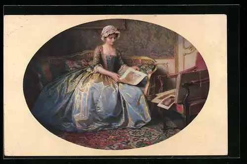 Künstler-AK Meissner & Buch (M&B) Nr. 2528: Frau mit schönem Kleid auf einem Sofa