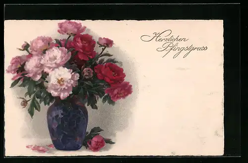 Künstler-AK Meissner & Buch (M&B) Nr. 2591: Pfingstgrüsse mit Rot-weissem Blumenstrauss