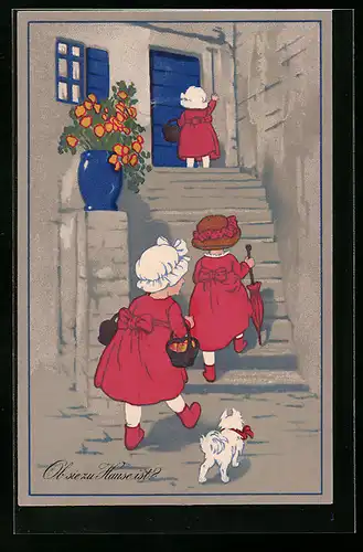 Künstler-AK Meissner & Buch (M&B) Nr. 2245: Drei kleine Mädchen auf dem Weg zur Tür