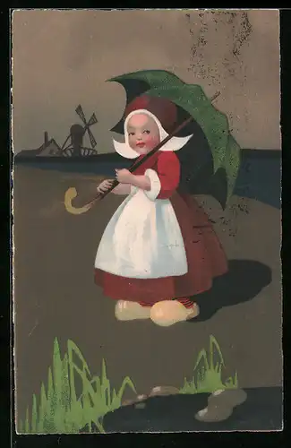 Künstler-AK Meissner & Buch (M&B) Nr. 2380: Junge Holländerin in Tracht mit Regenschrim und Windmühle