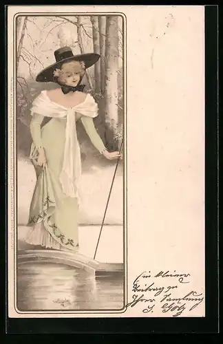 Künstler-AK Meissner & Buch (M&B) Nr. 1053: Schöne Frau mit Hut am Wasser