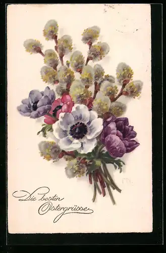 Künstler-AK Meissner & Buch (M&B) Nr. 2947: Bunte Blumen mit Weidenkätzchen