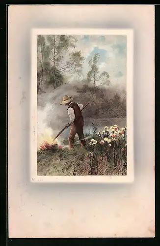 Künstler-AK Meissner & Buch (M&B) Nr. 1526: Mann macht ein Feuer in freier Natur