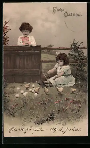 Künstler-AK Meissner & Buch (M&B) Nr. 1303: Zwei Kinder mit Ostereiern im Garten