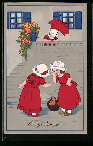 Künstler-AK Meissner & Buch (M&B) Nr. 2245: Drei Mädchen im roten Kleid tauschen Neuigkeiten aus