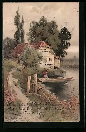 Künstler-AK Meissner & Buch (M&B) Nr. 1251: Dein Heim, Dein Glück, Uferpartie mit Haus, Ruderboot