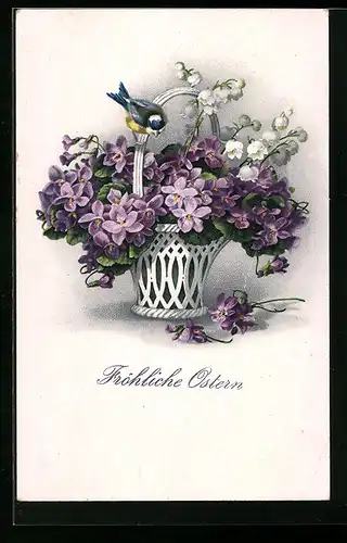 Künstler-AK Meissner & Buch (M&B) Nr. 2426: Blumenkorb mit Veilchen und einem Spatz