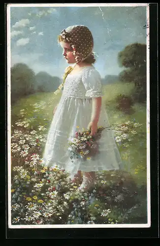 Künstler-AK Meissner & Buch (M&B) Nr. 02422: Kind im weissen Kleid auf Blumenwiese