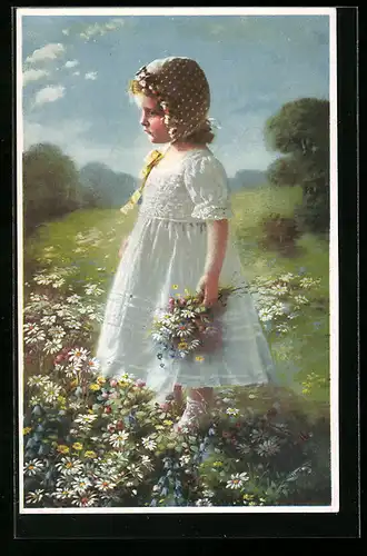 Künstler-AK Meissner & Buch (M&B) Nr. 02422: Kind im weissen Kleid auf Blumenwiese