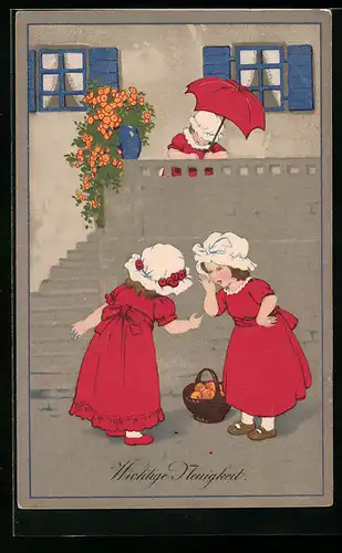 Künstler-AK Meissner & Buch (M&B) Nr. 2245: Wichtige Neuigkeit, Kinder in roten Kleidern, Schirm