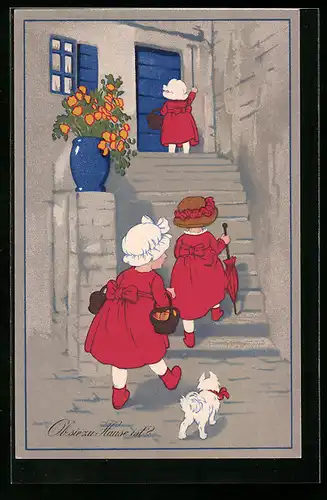 Künstler-AK Meissner & Buch (M&B) Nr. 2245: Ob sie zu Hause ist?, Mädchen in roten Kleidern, Hund