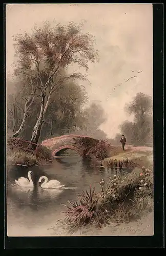 Künstler-AK Meissner & Buch (M&B) Nr. 1263: Frohen Herzen Frohe Stunden, Flusspartie, Schwäne