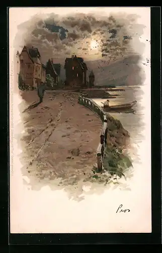 Künstler-AK Meissner & Buch (M&B) Nr. 1098: Abendliche Flusspartie mit Kahn