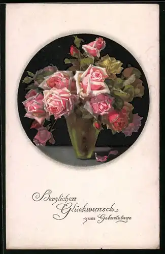 Künstler-AK Meissner & Buch (M&B) Nr. 2281: Rosenstrauss in einer Glasvase, Geburtstagsgruss