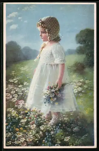 Künstler-AK Meissner & Buch (M&B) Nr. 02422: Kleines Mädchen mit Wiesenblumenstrauss