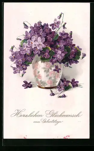 Künstler-AK Meissner & Buch (M&B) Nr. 2334: Vase mit violetten Blumen, Geburtstagsgruss