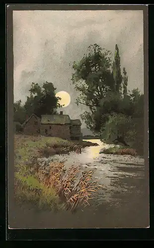Künstler-AK Meissner & Buch (M&B) Nr. 1368: Flusspartie bei Vollmond