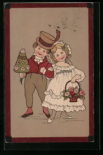 Künstler-AK Meissner & Buch (M&B) Nr. 1458: Kleines Paar mit Blumen