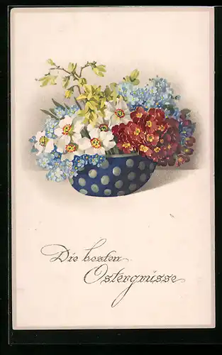 Künstler-AK Meissner & Buch (M&B) Nr. 2265: Bunte Blumen in getupfter Schale, Ostergruss
