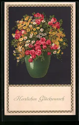 Künstler-AK Meissner & Buch (M&B) Nr. 1850: Rotgelber Strauss in grüner Vase, Glückwunschkarte