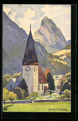 Künstler-AK Saanen, Ortspartie mit Kirche