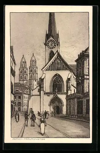 Künstler-AK Zürich, Blick auf Fraumünster