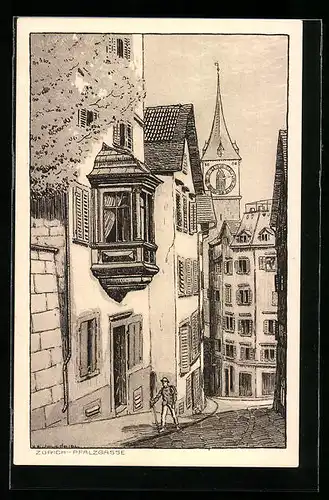 Künstler-AK Zürich, Strassenpartie in der Pfalzgasse