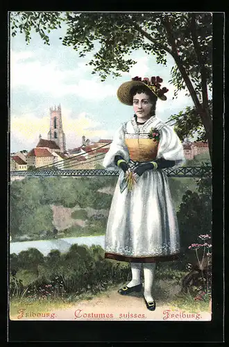 Künstler-AK Freiburg, Costumes suisses, Ortsansicht mit Frau in Tracht