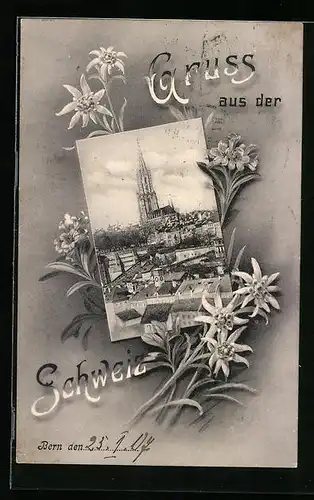 AK Bern, Ortsansicht mit Kirche, Blumenmotiv