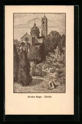 Künstler-AK Zürich, Blick zur Kirche Enge