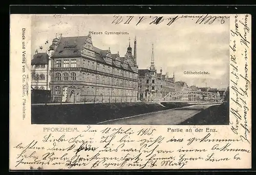 AK Pforzheim, Enzpartie mit Gymnasium und Göthebrücke