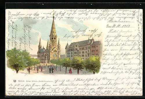 Lithographie Berlin-Charlottenburg, Strassenpartie mit Kaiser Wilhelm-Gedächtniskirche