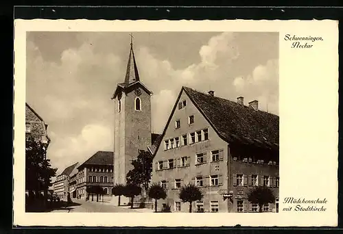AK Schwenningen /Neckar, Mädchenschule mit Stadtkirche