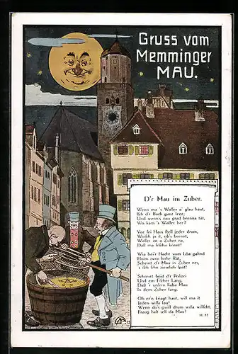 Künstler-AK Memmingen, Ortspartie mit Mau im Zuber bei Vollmond