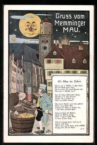 Künstler-AK Memmingen, Ortspartie mit Mau im Zuber