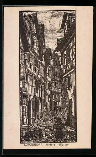 Künstler-AK Schorndorf, Hintere Höllgasse mit Fachwerkhäusern