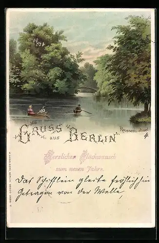 Lithographie Berlin-Tiergarten, Ruderboote an der Rousseau-Insel