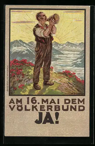 Künstler-AK Mann in den Bergen, Volksabstimmung Völkerbund 1920