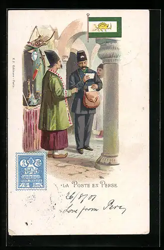 Lithographie Perse, La Poste, Persischer Briefträger, Briefmarke