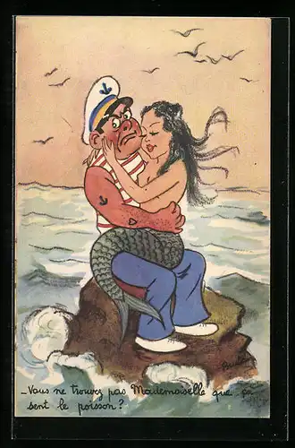 AK Matrose mit Nixe auf einem Felsen