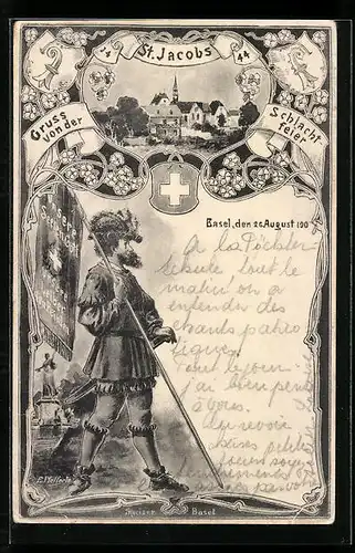 Künstler-AK Basel, St. Jacobs, Schlachtfeier 1444, Stadtwache, Wappen