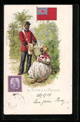 Lithographie Trinidad, La Poste, Briefträger in Trinidad, Briefmarke