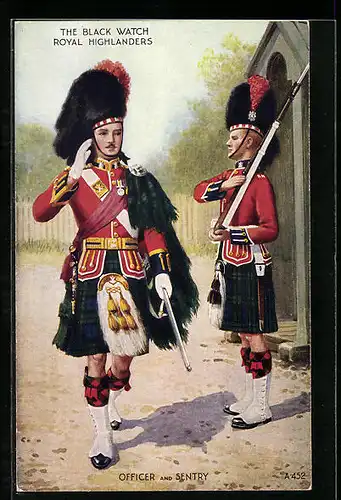 Künstler-AK The Black Watch, Royal Highlanders, Officer and Sentry