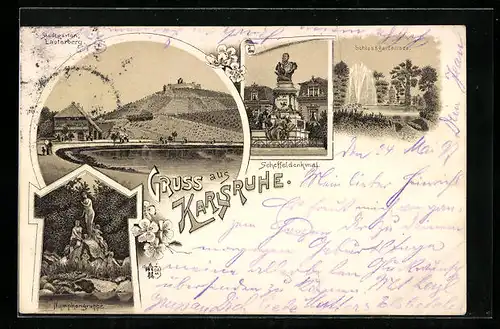 Lithographie Karlsruhe, Scheffeldenkmal, Schlossgartensee, Nymphengruppe