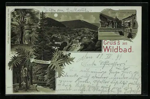 Mondschein-Lithographie Wildbad, Trinkhalle & Hotel Bellevue, Anlagenpartien